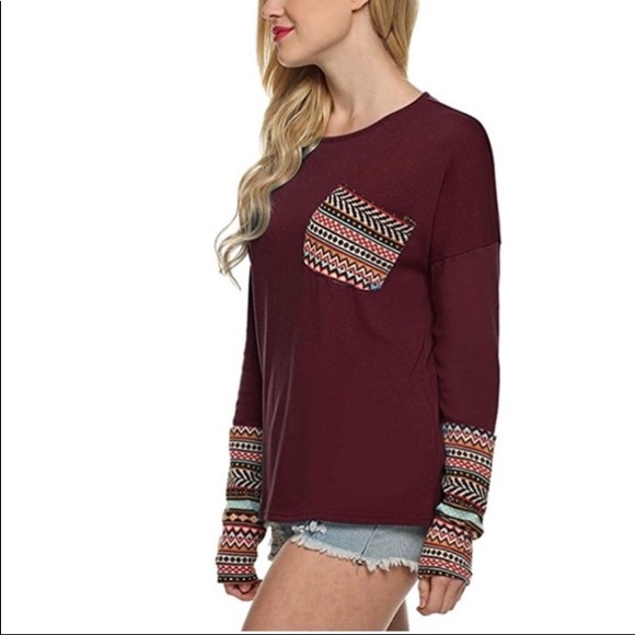 Geo Print Cuff Pocket Top Burgundy - Picture 2 of 8
